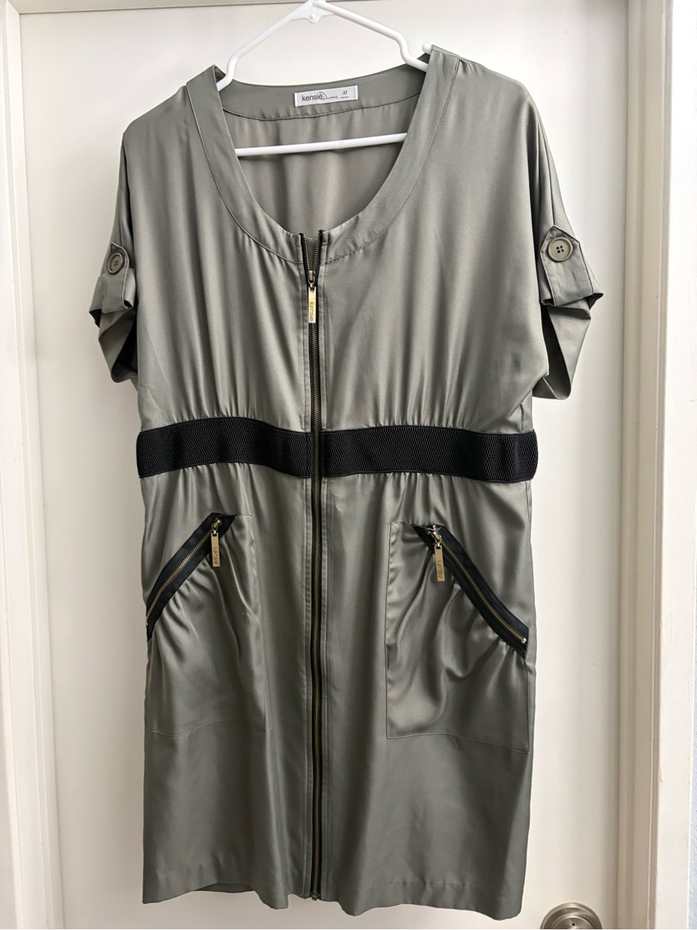 Kensie Olive Green Midi Dress with Black Waist Band